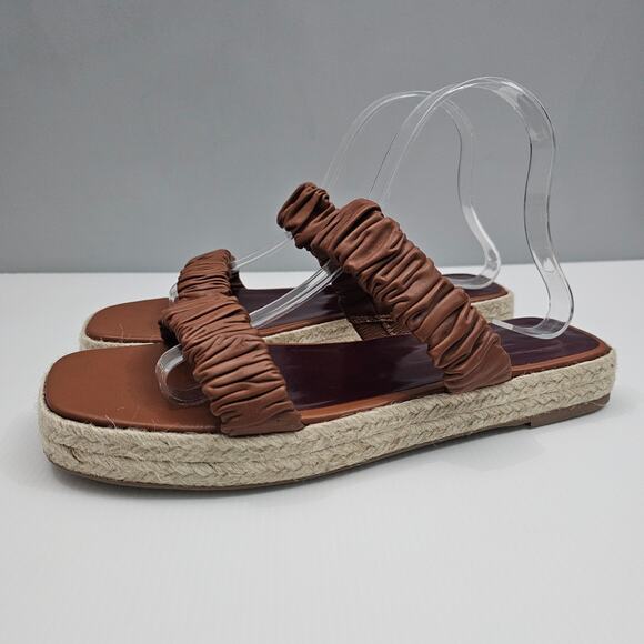 NEW Staud Maya Sandal Womens EU 41 Brown Leather Ruched Strap Summer Espadrille - Picture 1 of 13